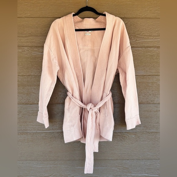 Faherty Sweaters - Faherty Pale Pink Cotton Kimono Cardigan with Wrap Around Tie Sz M